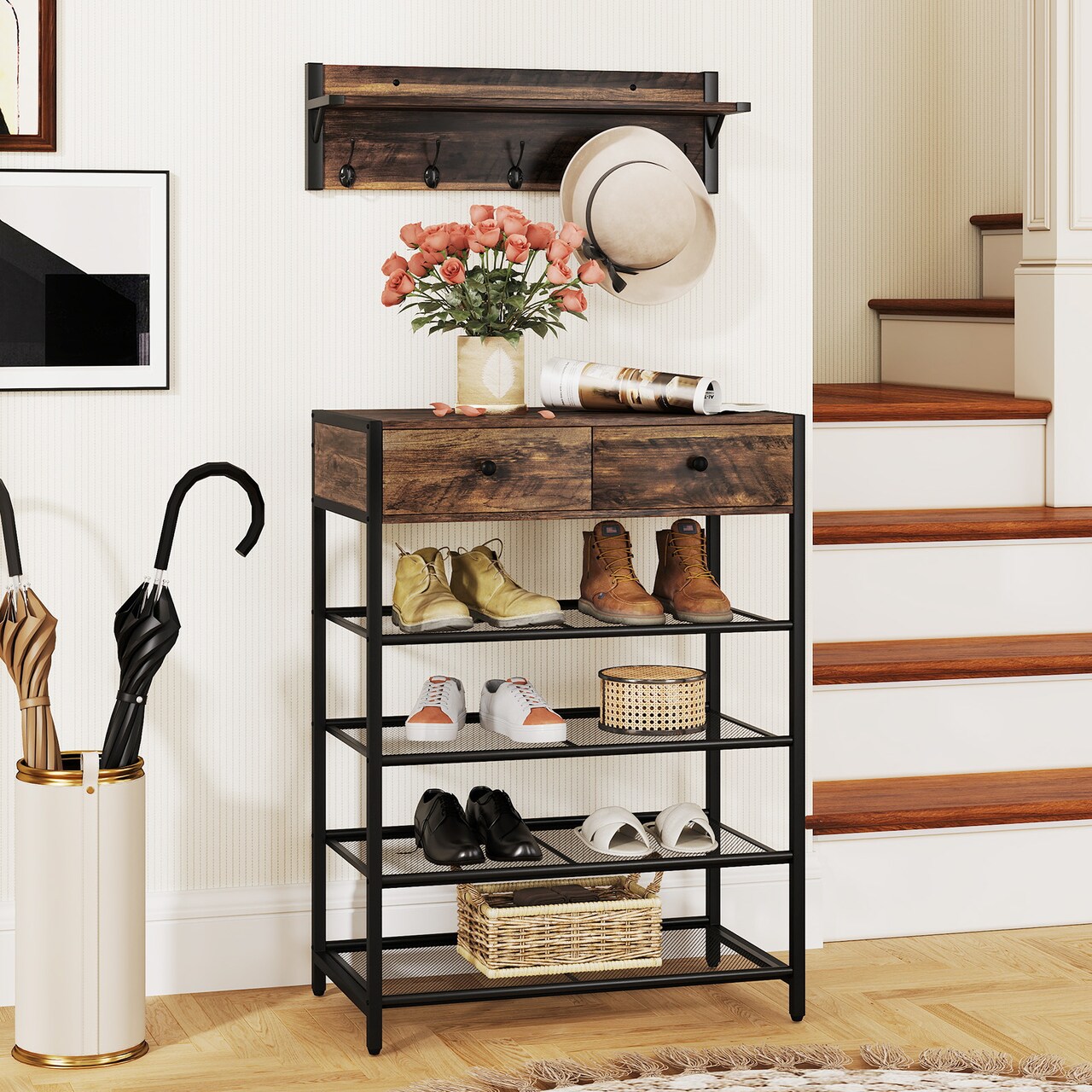 5-Tier Shoe Rack and Wall-Mounted Coat Hanger with Floating Shelf